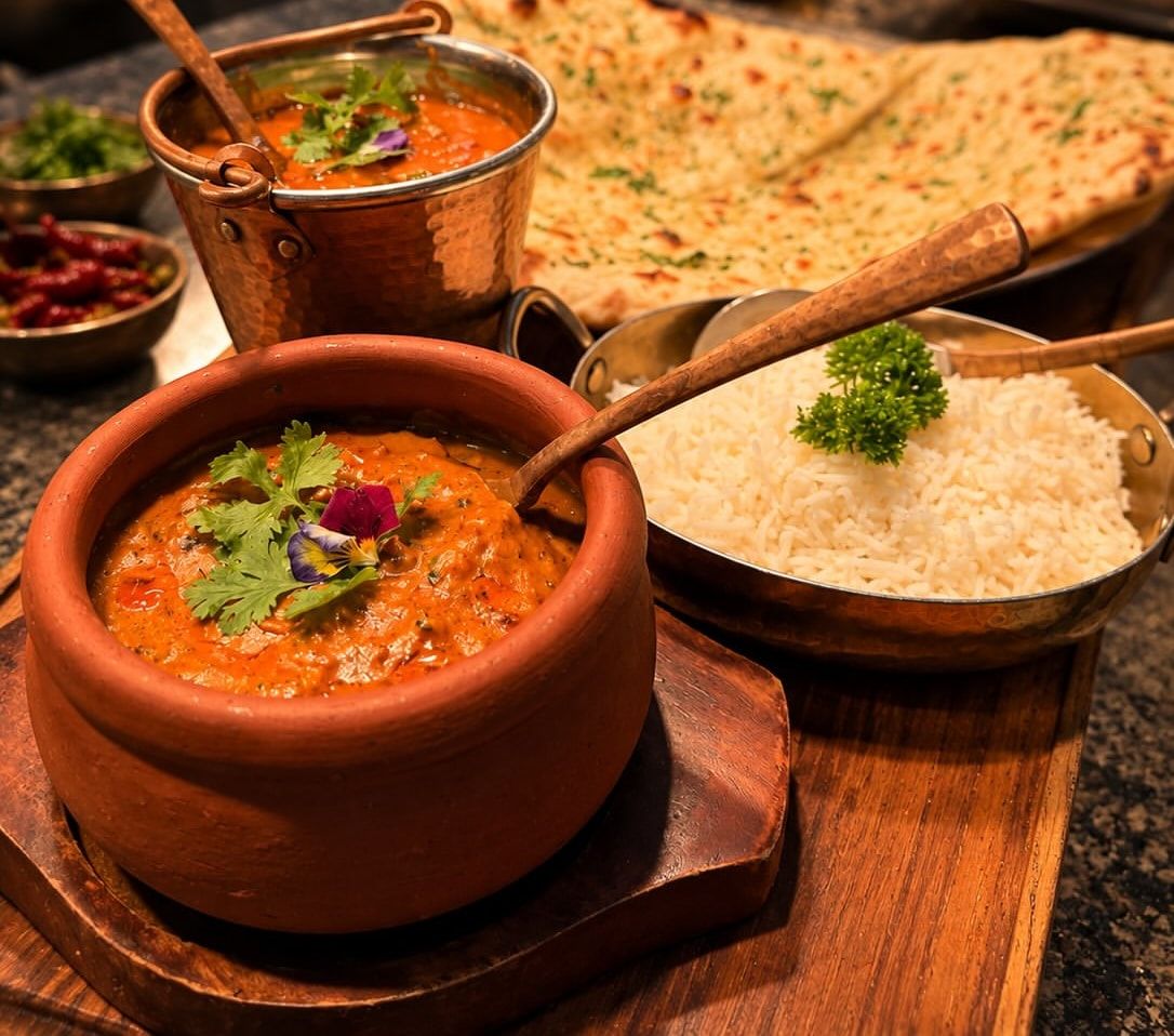 Curry in a clay pot and a copper handi, with garlic naan and basmati rice on a wooden board