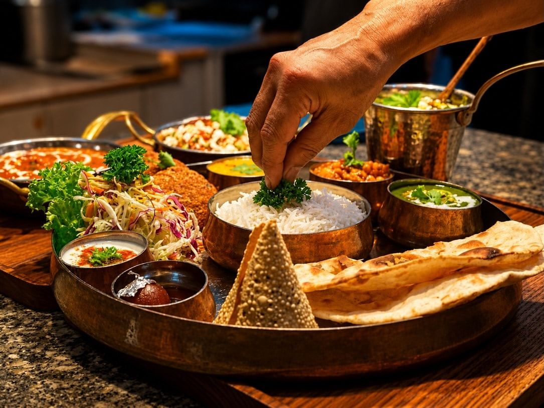 A hand garnishing a copper thali of rice, naan, papad, curries, salad and gulab jamun